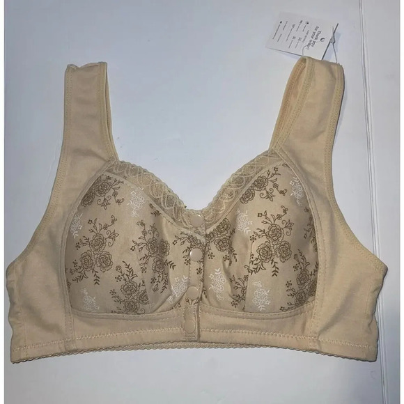 Glamorette Beige Floral Snap Button Front Closure Lingerie Wire Free Bra Size 36 - Picture 1 of 5